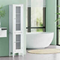  Bathroom Storage Cabinet 160cm Tall Slim Floor Cupboard Toilet Glass Door White
