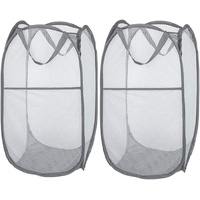 2 Pcs Popup Mesh Laundry Baskets, Collapsible and Portable Clothes Washing Laundry Hampers with Reinforced Carry Handles, Gray Clothes Hamper for Home
