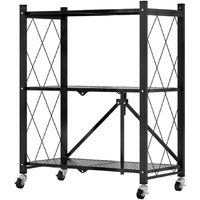 3-Tier Foldable Storage Shelf with Wheels for Kitchen, Garage, Pantry or Basement (Black)