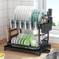 2-Tier Dish Drying Rack with Drainage Tray, Utensil Holder, Cup Hooks & Cutting Board Slot for Countertop Kitchen Storage (Black)