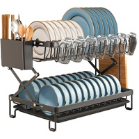 2-Tier Dish Drying Rack with Drainage Tray, Utensil Holder, Cup Hooks & Cutting Board Rack for Kitchen (Black)