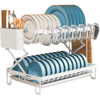 2-Tier Dish Drying Rack with Drainage Tray, Utensil Holder, Cup Hooks & Cutting Board Rack for Kitchen (White)