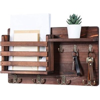 Rustic Wood Wall Mounted Key and Mail Holder Organizer with Shelf, Letter Slot & 6 Hooks for Entryway Decor Home
