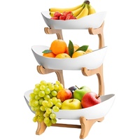 3-Tier Ceramic Fruit Bowl Basket with Bamboo Stand for Kitchen Counter, Snack Tray, Dessert Server & Vegetable Storage Rack