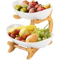 2-Tier Ceramic Fruit Bowl Basket with Bamboo Stand for Kitchen Counter, Snack Tray, Dessert Server & Vegetable Storage Rack