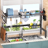 Adjustable Over the Sink Dish Drying Rack with Utensil Holder, Hooks & Cutting Board Rack for Kitchen Counter Storage
