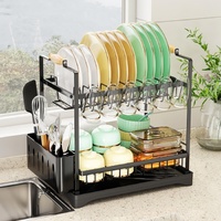 2-Tier Large Dish Drying Rack with Drainboard, Utensil Holder, Glass Hooks & Cutlery Storage (Black)