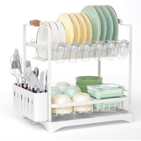 2-Tier Large Dish Drying Rack with Drainboard, Utensil Holder, Glass Hooks & Cutlery Storage (White)