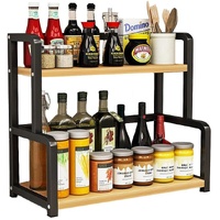 2-Tier Wooden Kitchen Countertop Spice Rack for Storage of Condiments, Oils, Jars & Seasoning Bottles