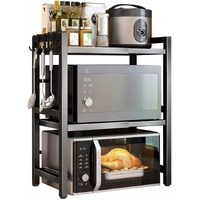 3-Tier Microwave Oven Rack with Adjustable Metal Kitchen Shelf Stand for Countertop Storage and 6 Hooks for Utensils