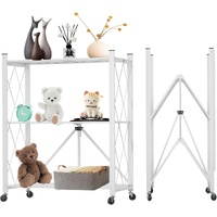 3-Tier Foldable Storage Shelf with Wheels for Kitchen, Garage, Pantry or Basement (White)