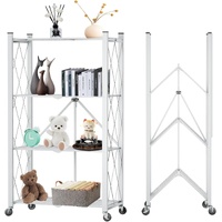 4-Tier Foldable Storage Shelf with Wheels for Kitchen, Garage, Pantry or Basement (White)