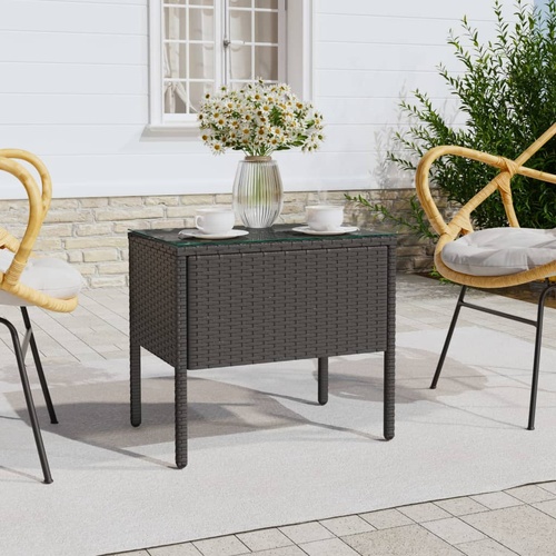  Side Table Black 53x37x48 cm Poly Rattan and Tempered Glass