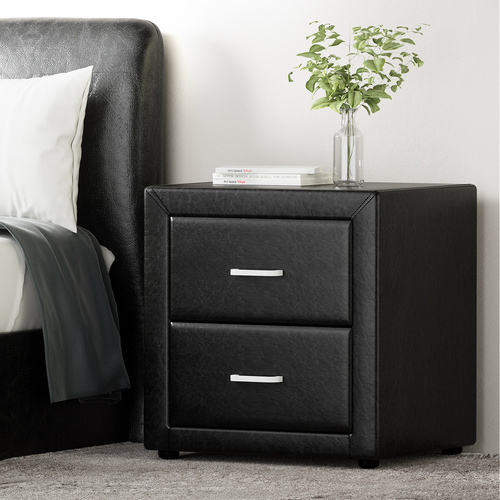  Bedside Table 2 Drawers Side Table Leather - CADEN Black