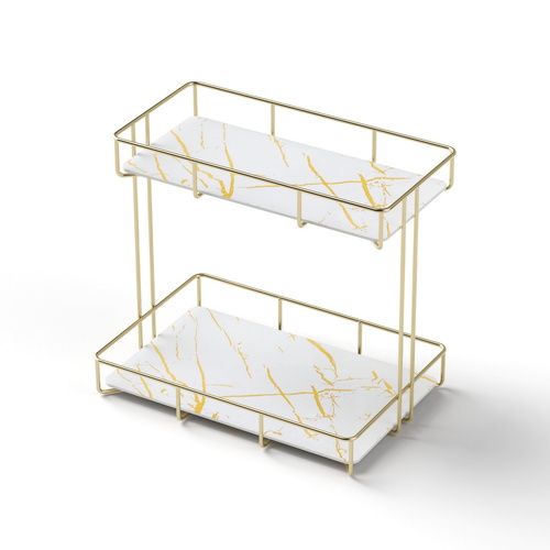 Bathroom Storage Rack 2 Tier Corner Organiser Gold Marble Look