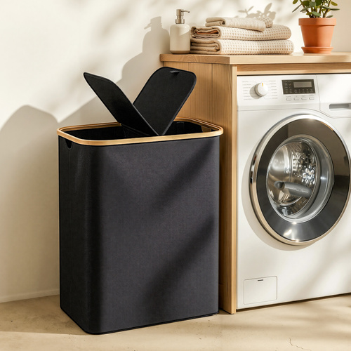 2 Sections Laundry Basket with Removable Bags Foldable Black