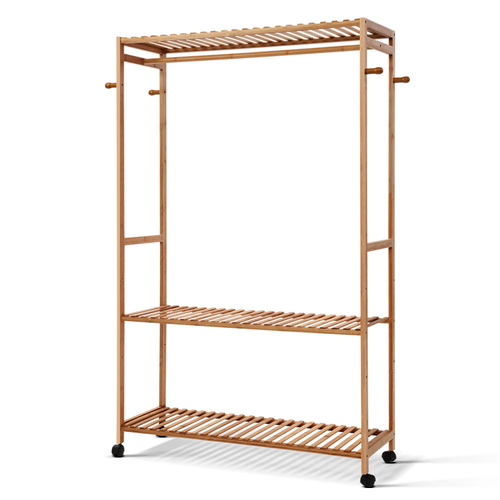 Garment Rack Clothes Rack, Wooden Shelving Clothing Racks with Hanging Rods, Freestanding Closet Bamboo Wardrobe Closet