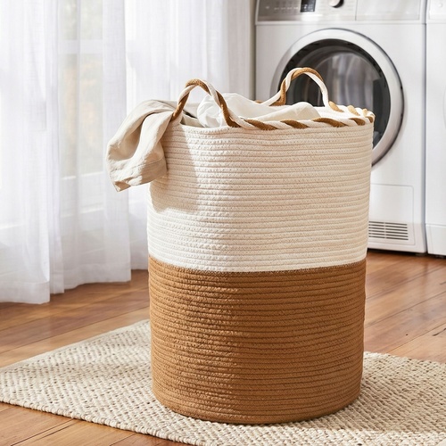 Woven Laundry Basket with handles Foldable White & Brown