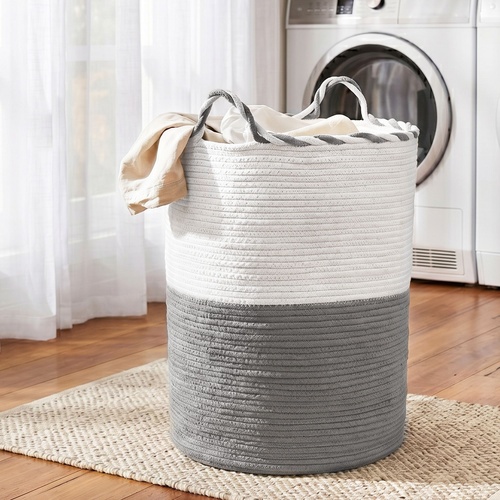 Woven Laundry Basket with handles Foldable White & Grey