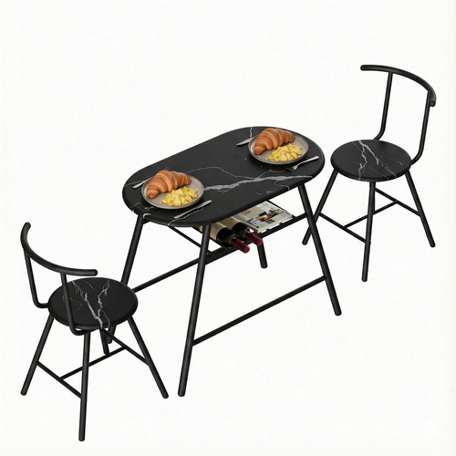 Dining Table Set 3PC Bistro Kitchen Storage Wine Rack Black Marble Style