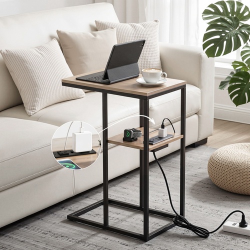 C-Shaped End Table Charging Station 2-Tier Side Coffee Table Bedside Wood