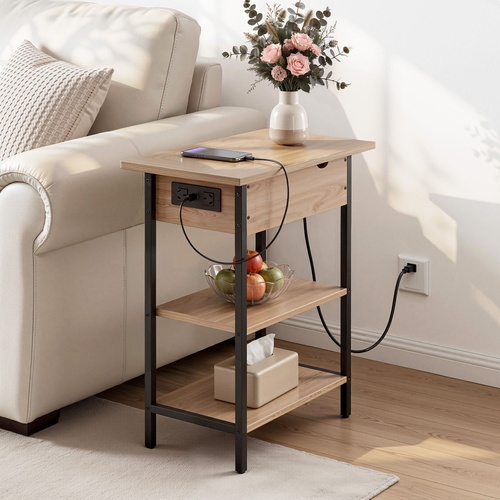 Coffee Table Side Bedside End Table Charging Station Flip-Top Storage 60cm Wood