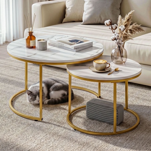 Nesting Coffee Table Set of 2 Round Marble Effect 70/50cm White & Gold