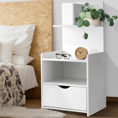  Bedside Table 1 Drawer with Shelves - EVERMORE White