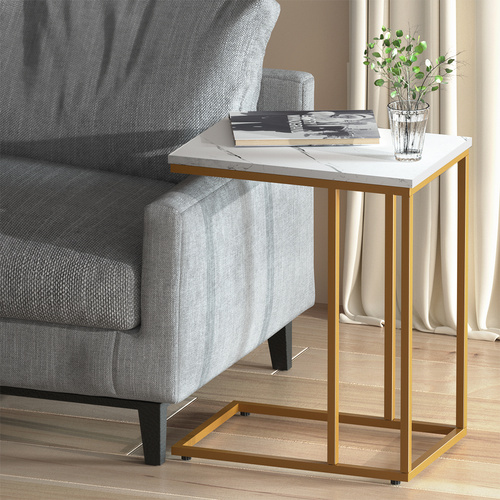 C-Shaped Side Table Sofa Table with Marble Effect Top & Metal Frame, Compact End Table for Living Room, Bedroom, or Office, Space-Saving