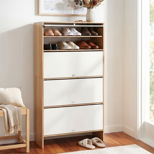 Narrow Shoe Cabinet Adjustable Shelves Flip-up Door White & Pine