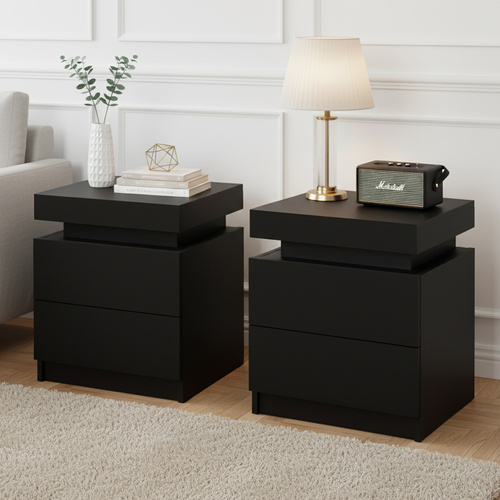 2X Bedside Table 2 Drawers Lift-up Storage Black