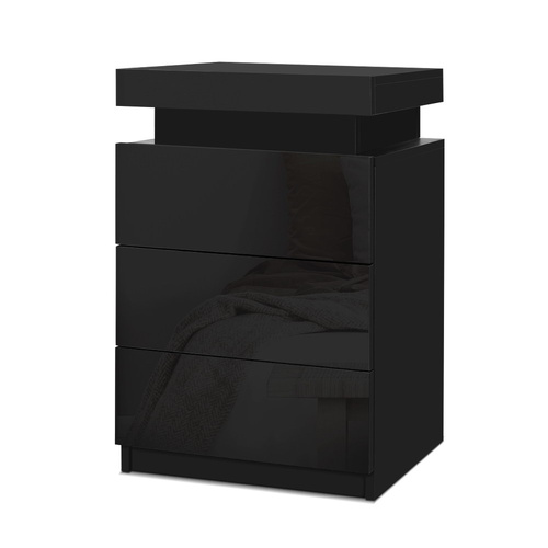  Bedside Table LED 3 Drawers - COLEY Black