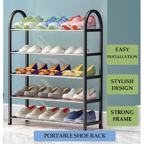 SHOE RACK SHELF RAIL SLATTED BEDROOM SHOES ORAGNISER STAND [Style: 5Tiers_Black]