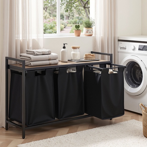 Laundry Basket with 3 Pull-out Bags Metal Frame Black