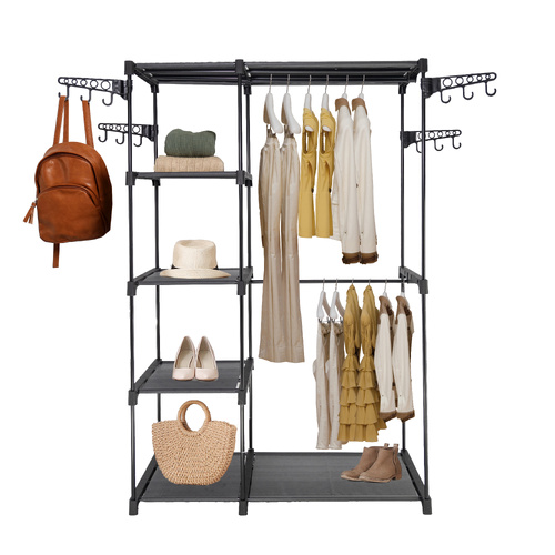 SORTI 6-Tier Wire Shelving Garment Rack with 2 Hanging Rods, Adjustable Side Hooks, and Shoe & Hat Storage - Freestanding Portable Metal Closet 