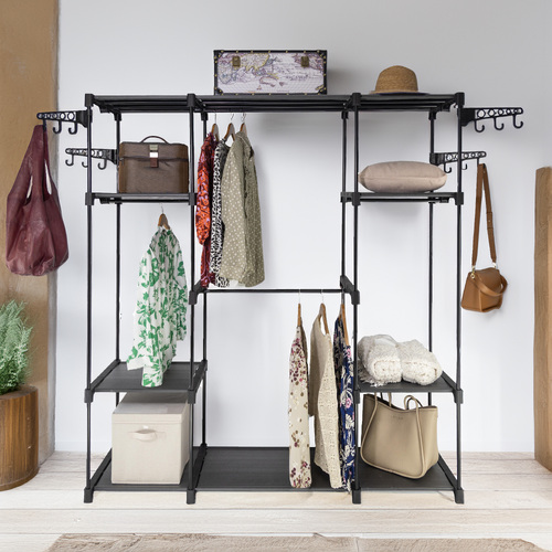 SORTI Garment Rack Clothes, 6 Tiers Wire Shelving Clothing Racks with 2 Hanging Rods, Freestanding Closet Open Wardrobe Closet, 4 Height adjustable