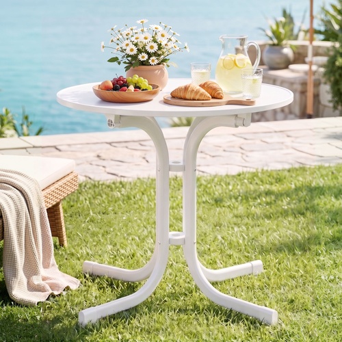 Outdoor Side Table 80cm Folding Steel Round Bistro Desk Cafe Patio Furniture White
