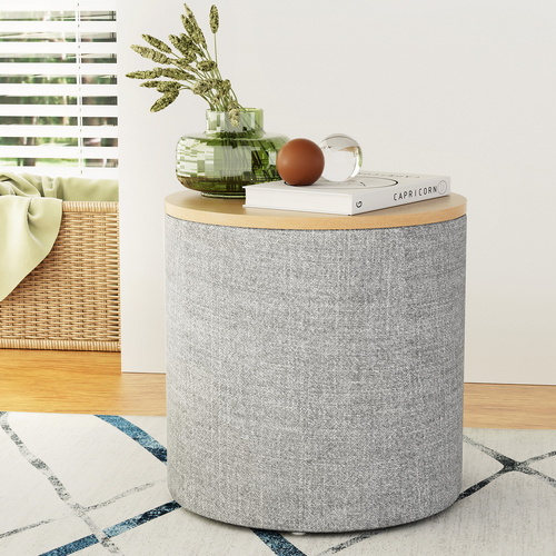  Storage Ottoman Blanket Box 40cm Linen Round Grey