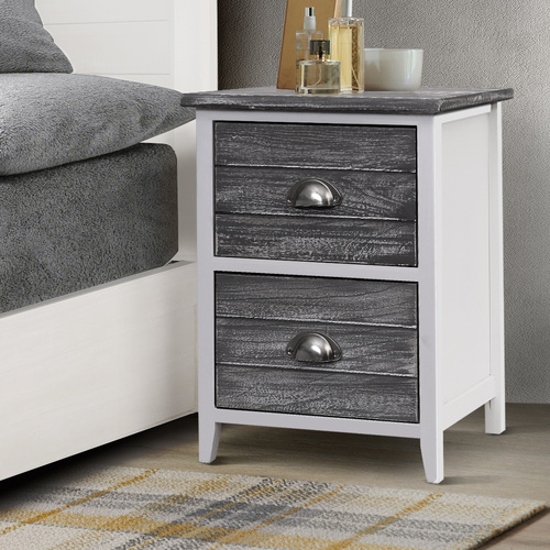  Bedside Table 2 Drawers Vintage X2 - THYME Grey