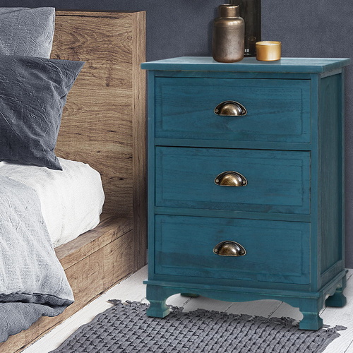  Bedside Table 3 Drawers Vintage - THYME Blue