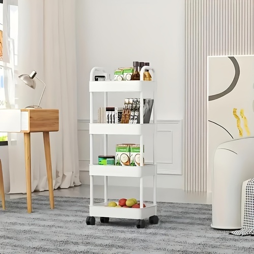 Four-Tier Rolling Cosmetics Storage Rack - Made of durable plastic, equipped with 360-degree swivel casters, strong load-bearing capacity - Suitable f