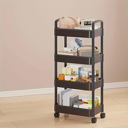 Four-Tier Rolling Cosmetics Storage Rack - Made of durable plastic, equipped with 360-degree swivel casters, strong load-bearing capacity - Suitable f