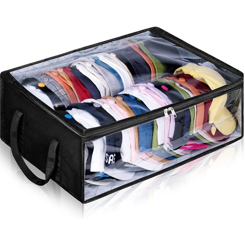 Large Capacity Foldable Hat Organizer Storage Box with Clear See-Through Window for Baseball Caps, Clothes, Toys, and Books, Underbed and Closet Conta