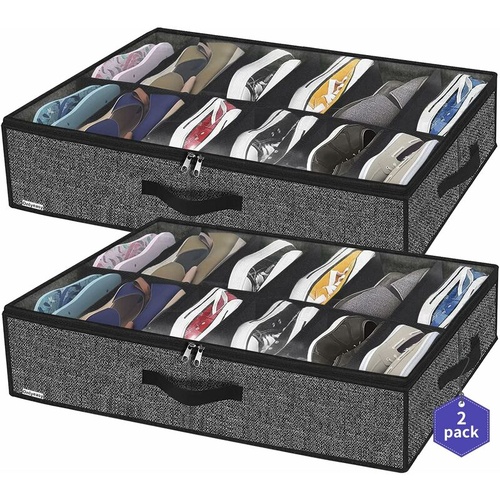 2 Pack Shoe Storage Bag With Clear Window - 12 Compartment Shoe Organizer For Under Bed Storage, Black Linen Fabric