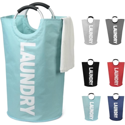 90L Foldable Laundry Basket with Handles, Waterproof, Light Blue, 38x38x79 cm