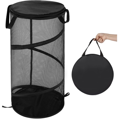 Large Collapsible Laundry Basket with Lid Foldable Mesh Pop Up Hamper with Handles for Laundry Room, Bathroom, Kids Room, College Dorm, Travel, Storag