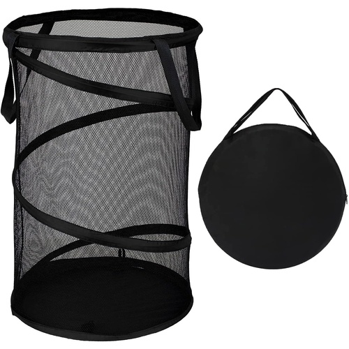 Collapsible Laundry Basket Foldable Mesh Pop Up Hamper with Handles for Laundry Room, Bathroom, Kids Room, College Dorm, Travel, Storage Organizer Bla