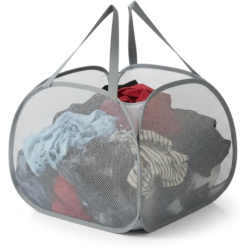 Collapsible Mesh Laundry Basket, Foldable Pop Up Laundry Hamper with Side Pocket, Removable Clothes Storage Bin with Handle for Laundry Room, College 