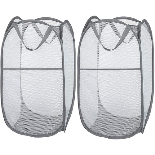 2 Pcs Popup Mesh Laundry Baskets, Collapsible and Portable Clothes Washing Laundry Hampers with Reinforced Carry Handles, Gray Clothes Hamper for Home