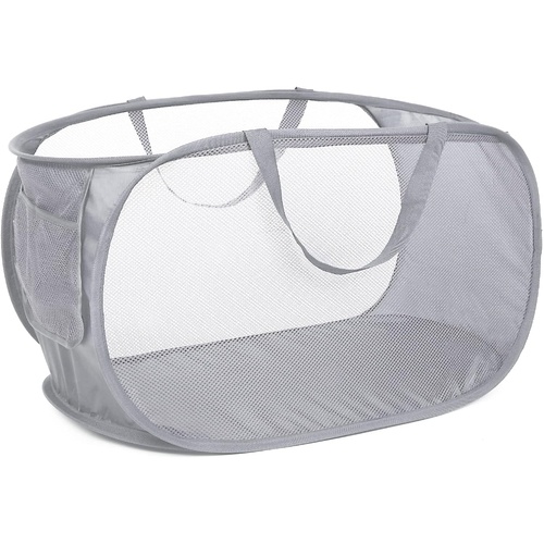 Mesh Collapsible Laundry Basket with Pockets and Reinforced Carry Handles, Foldable Dirty Clothes Pop up Laundry Hamper for Dorm Bathroom Bedroom Trav